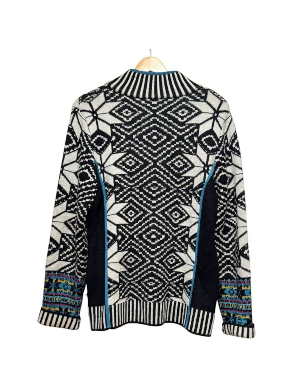 Icelandic Design Sz L Black White Wool Blend Cardigan Sweater Pockets Fair Isle - Picture 3 of 8